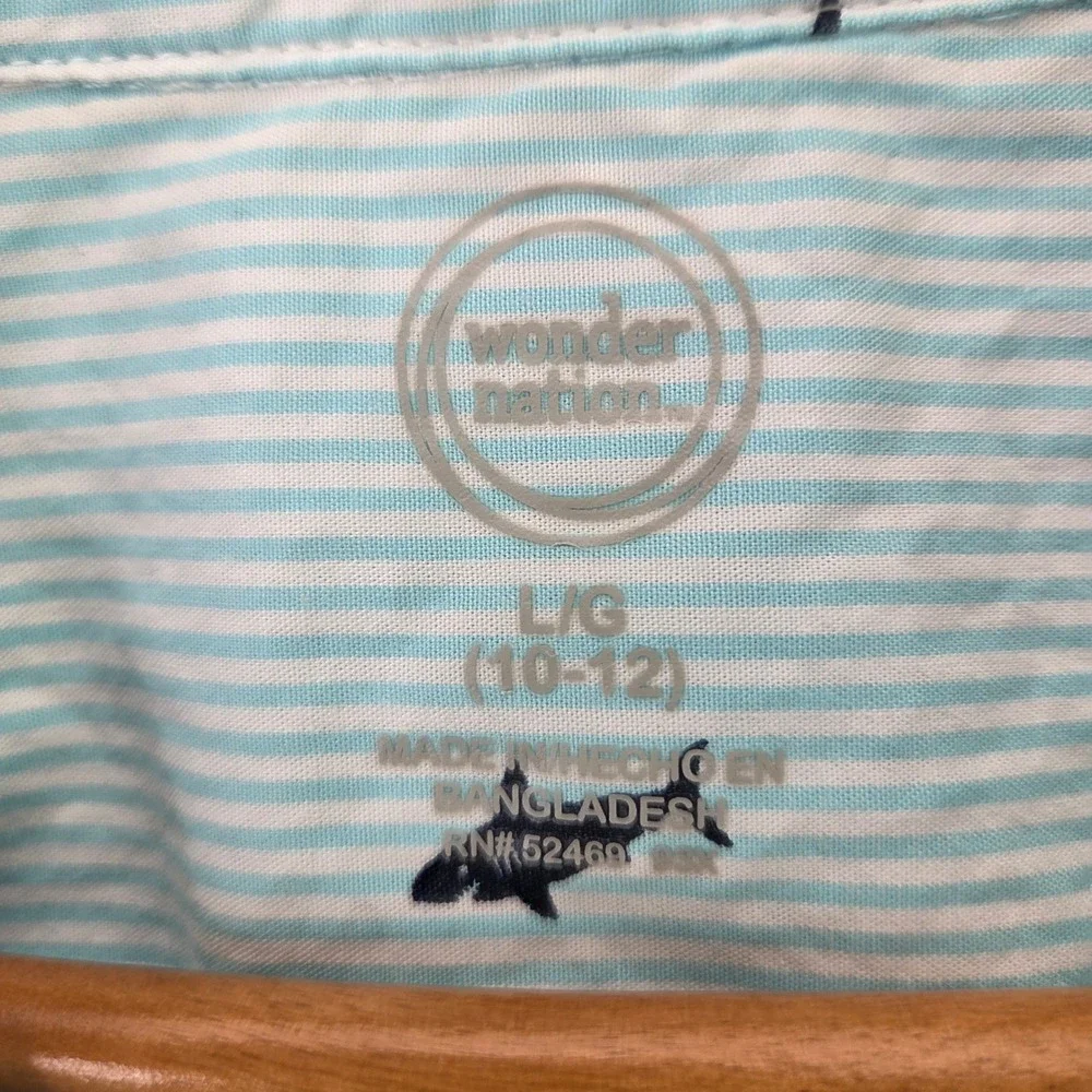 Wonder Nation Boys Button Up Shirt Size L 10-12 Blue Stripe Shark Short Sleeve